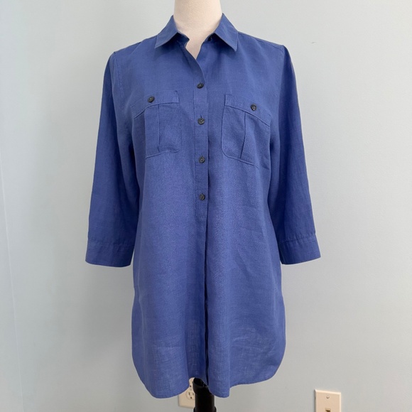 Chico's 1 No-iron 100% Linen Button down Tunic Size 8 Blue - Picture 1 of 7